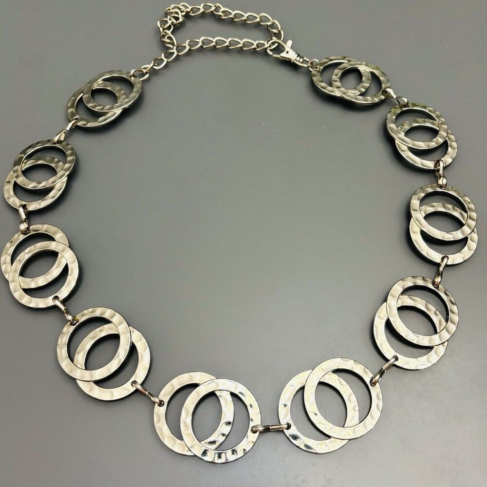 Vintage Chain Belt Silver Hammered Metal Geometric Disco Boho Y2K Western Retro